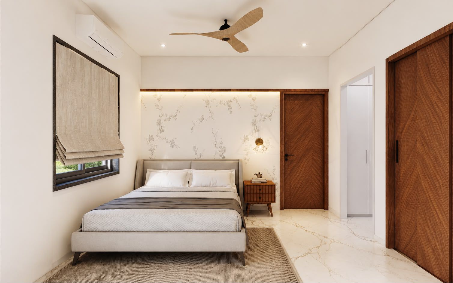 Bedroom interior — detail of furnishings and lighting
