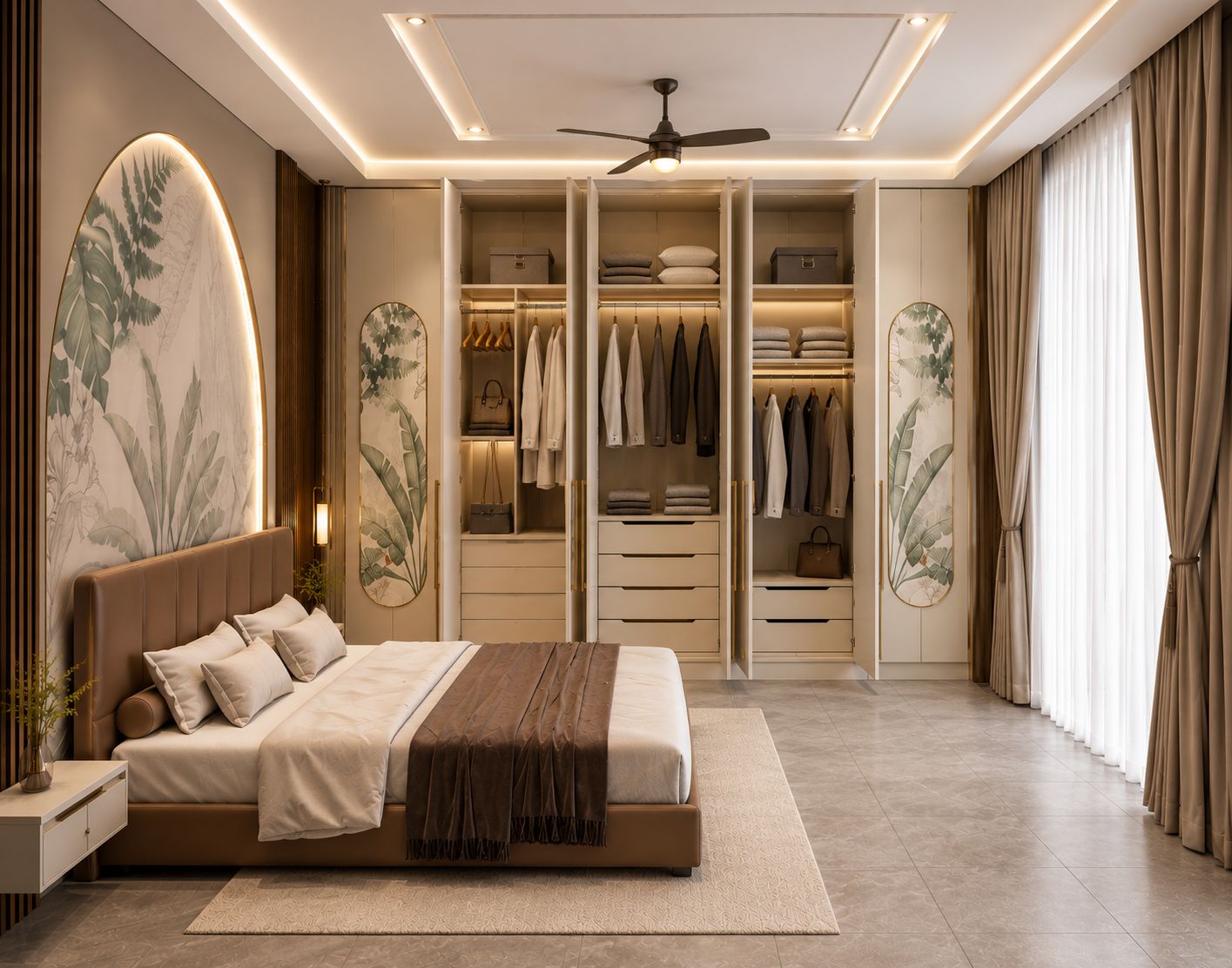 Bedroom — botanical arch panels and open wardrobe