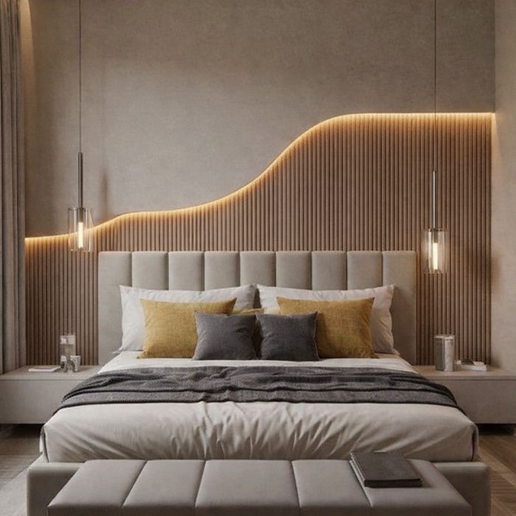 Bedroom — wave-panel headboard wall