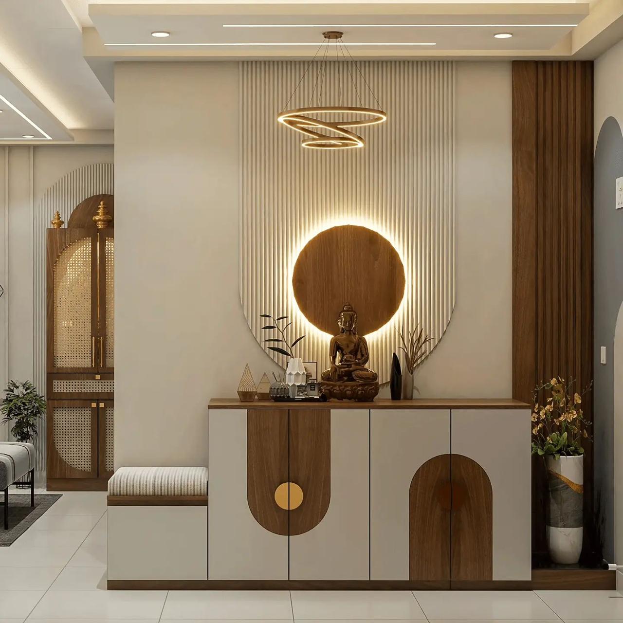 Pooja unit — backlit ring and fluted panel detail